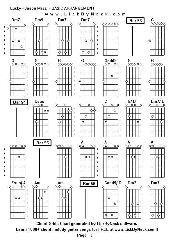 Chord Grids Chart of chord melody fingerstyle guitar song-Lucky - Jason Mraz  - BASIC ARRANGEMENT,generated by LickByNeck software.